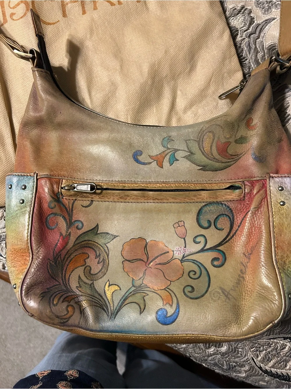 Anuschka Hand-Painted Floral Leather Hobo Bag in Multi/Tan